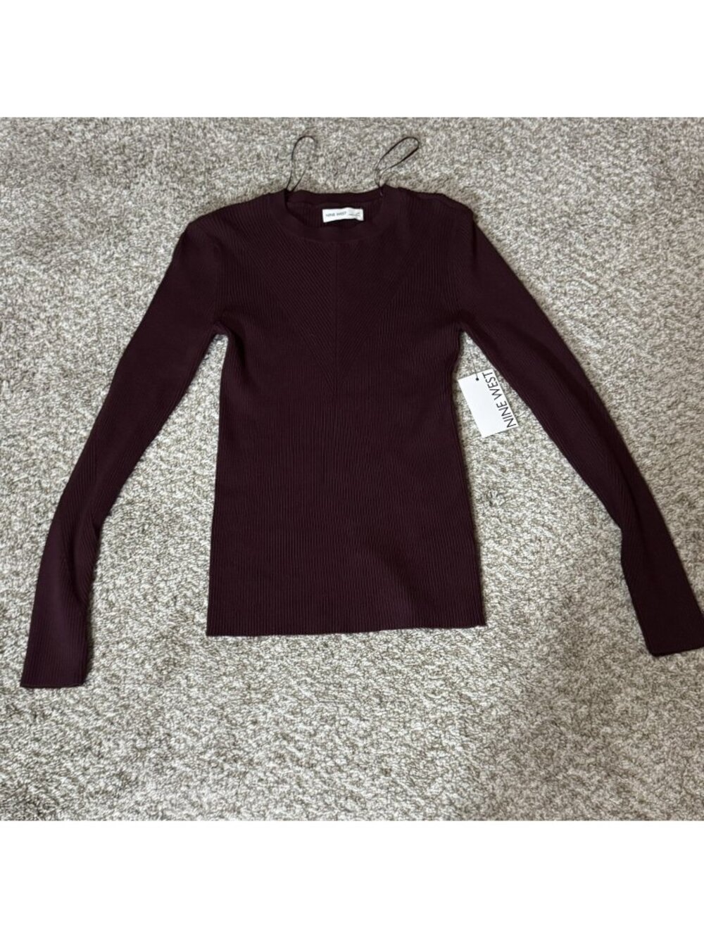 Nine West Top Women's XS Burgundy Ribbed Knit Long Sleeve Pullover Blouse NWT